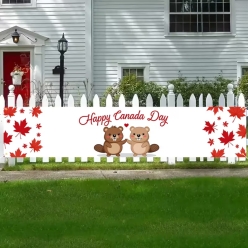Happy Canada Day Cute Beavers Banner w/ Grommets (200cm x 45cm)