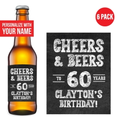 Cheers & Beers 60th Birthday VINYL Beer Bottle Labels - 6 PK