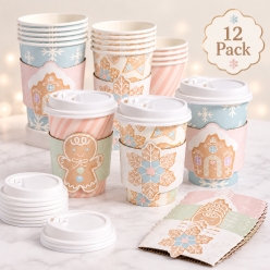 Snowfall Christmas 12oz Coffee Cups w/Lids & Sleeves-12 Sets