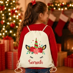 Christmas Unicorn Personalized Drawstring Backpack
