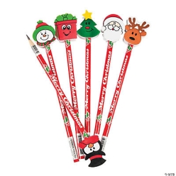 Christmas Pencils w/ Eraser Toppers - 12 Pk