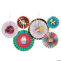 Rainbow Metallic Confetti Hanging Fans-6Pk