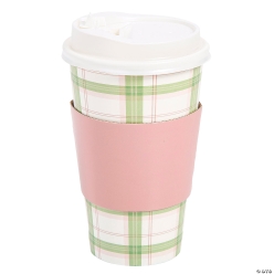 Pink & Sage Green Plaid Coffee Cups with Lids & Sleeves-12Pk