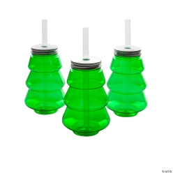 Christmas Tree Plastic Cups with Lids & Straws-12Pk