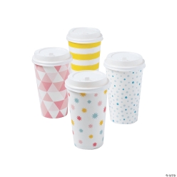 Cute Patterns Paper Coffee Cups with Lids-12PK