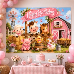 Cute Farm Happy Birthday Animals 5 Foot FABRIC Keepsake Backdrop