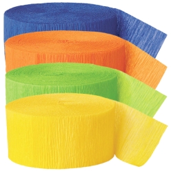 Blue, Orange, Lime Green & Yellow Crepe Streamers - 4 Pk