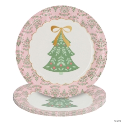 Tree Bow Round Paper Dinner Plates with Pink Trim-24Pk