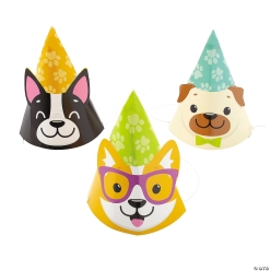 Dog Party Shaped Deluxe Cone Hats w/Chin Straps- 12 PK