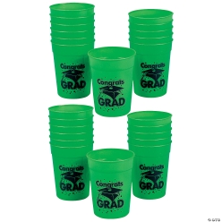 Bulk Green Congrats Grad Cap Plastic Cups-48Pk
