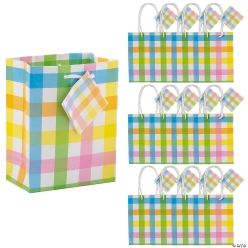 Pastel Gingham Paper Gift Bags with Tags-12Pk