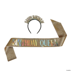 Gold Birthday Girl Tiara with Glitter Sash Set
