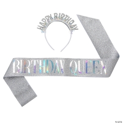 Silver Birthday Girl Tiara with Glitter Sash Set