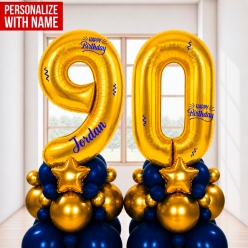 Age 90 Personalized Blue & Gold Airfill Balloon Column