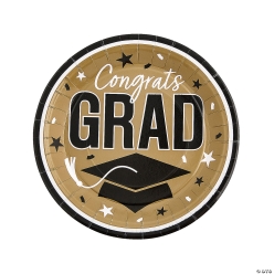 Gold Congrats Grad Round Paper Dinner Plates-25Pk