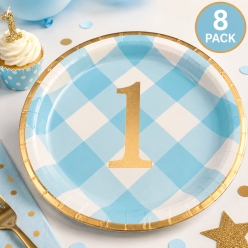 Blue Gingham & Gold Metallic 1st Birthday Dinner Plates 8PK