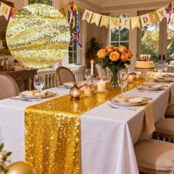 Metallic Gold Sequin Shimmering LONG 9FT Table Runner
