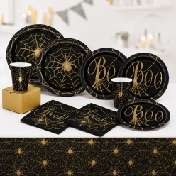 *Black & Gold Spider Halloween Party Pack for 8