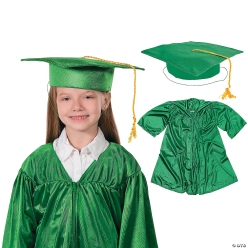 Kids Green Elementary Graduation Mortarboard Hat & Gown Set