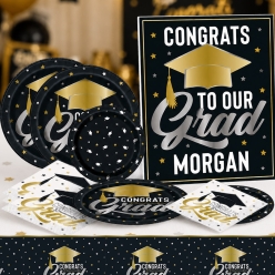 Black & Gold PERSONALIZED Deluxe Grad Party Pack for 16