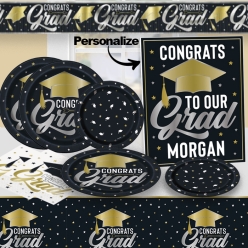 70% OFF: Black & Gold PERSONALIZED Deluxe Grad Party Pack for 16