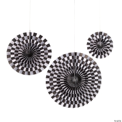 Black & White Checkered Hanging Paper Fans-6Pk