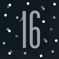 Black and Silver 16th Birthday Lunch Napkins 16PK