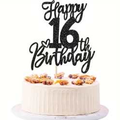 16th Birthday Black Glittering Cake Pick Topper