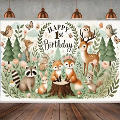 Woodland Animals 1st Birthday 5FT Fabric Backdrop