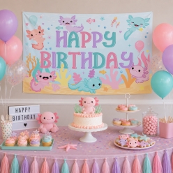 Axolotl Happy Birthday FABRIC Backdrop 120cm x 80cm