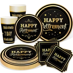 Happy Retirement Black & Gold Tableware Kit 50pcs