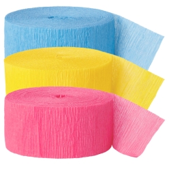 Light Blue, Yellow & Hot Pink Crepe Streamers - 3 Pk