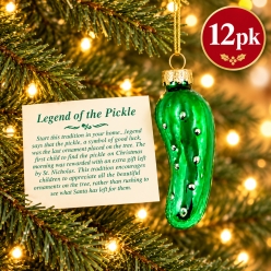 Legend of the Pickle Glass Christmas Ornaments w/ Cards 12 Pk
