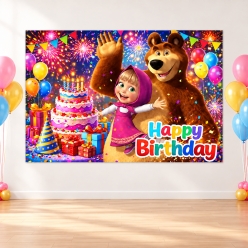 Masha & the Bear Birthday Big Fabric Backdrop 180cm x 110cm