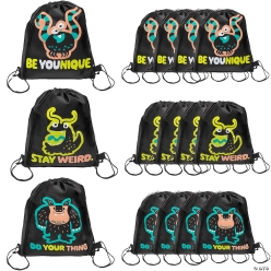 Doodle Monster Nonwoven Drawstring Backpacks-12Pk