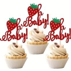 Strawberry Oh Baby Large Glittering Cupcake Toppers 12pk