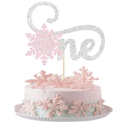 ONE Pink and Silvery Snowflake Glitter Cake Topper