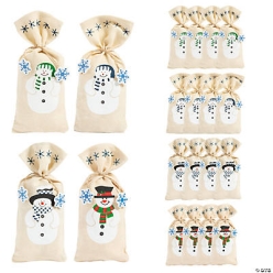 Painted Canvas Large Snowman Gift Bags - 12 Pk