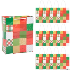 Christmas Patchwork Paper Gift Bags- 12Pk