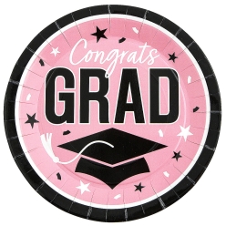 Pink Congrats Grad Round Paper Dinner Plates-25Pk