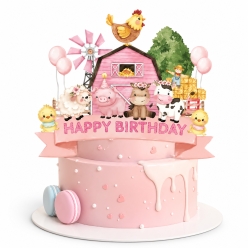 Pink Farm Happy Birthday Cake Pick Topper