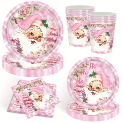 Pink Vintage Santa Christmas Tableware Set 50pcs