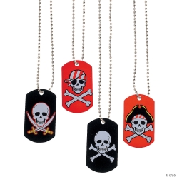 Metal Pirate & Crossbones Dog Tag Necklaces-12Pk