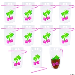 Luau Plastic Drink Pouches with Straws-50Pk