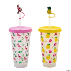 Pineapple & Flamingo Plastic Straw Cups with Toppers-6Pk