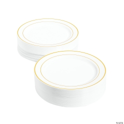 Bulk White Plastic Dinner Plates with Gold Trim-100Pk