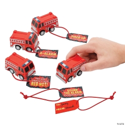 Valentine Pull-Back Fire Trucks with Card-12Pk