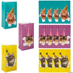 Bright Teal, Yellow & Purple Party Cats Treat Bags-12Pk