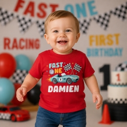 Racing Watercolour Fast ONE Birthday Personalized Red T-shirt