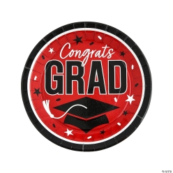 Red Congrats Grad Round Paper Dinner Plates-25Pk